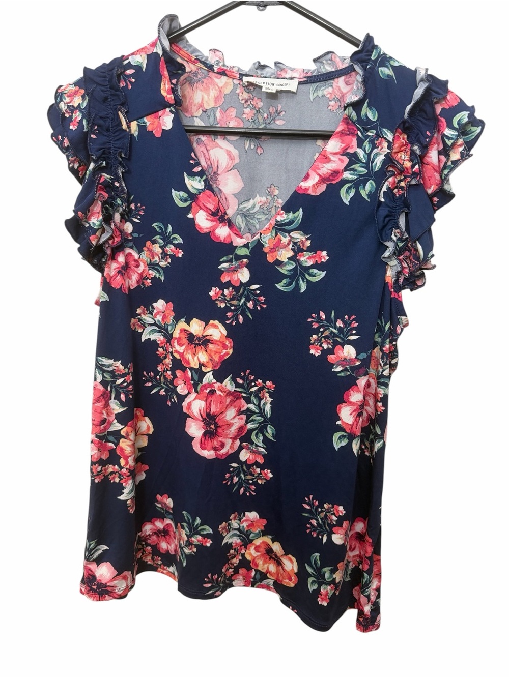 Women’s Perseption Concept Size Large floral print ruffle short sleeved blouse!